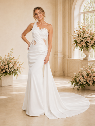 ChicSew Elegant Ruching One Shoulder Mermaid Wedding Dress With Lace Appliques