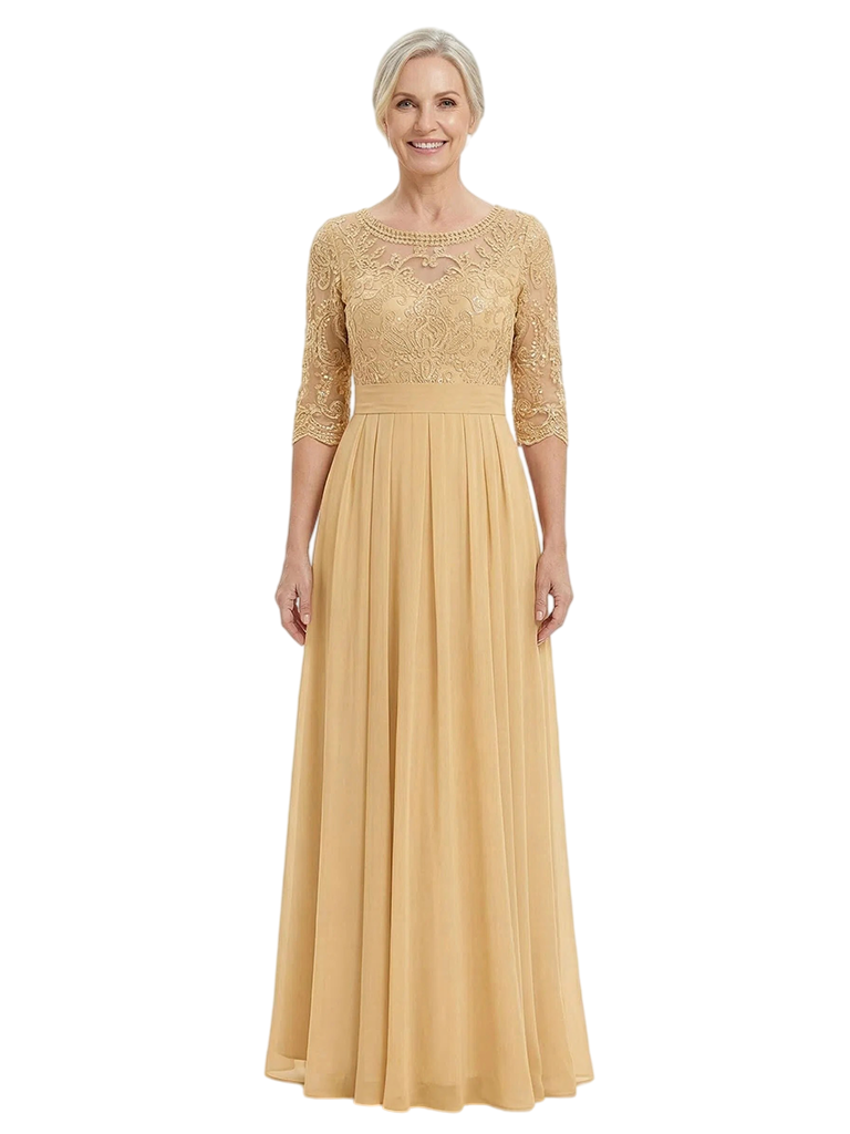 ChicSew Scoop Long Sleeve Beaded Lace Ruched Waist Floor Length Chiffon Elegant Mother of the Bride Dresses