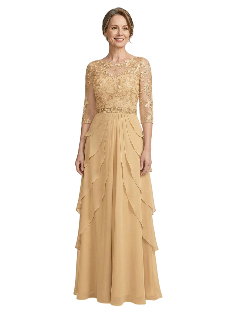 ChicSew Illusion 3/4 Sleeve Lace Beaded Waist Layered Ruffle Long Chiffon Mother of the Bride Dresses