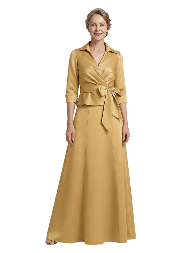 ChicSew V-Neck 3/4 Sleeve Satin Belted Bow Detail Floor Length Satin Modern Mother Of The Bride And Groom Dresses