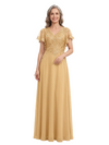 ChicSew V-Neck Flutter Sleeve Beaded Lace Applique Floor Length Chiffon Fancy Mother of the Bride Dresses