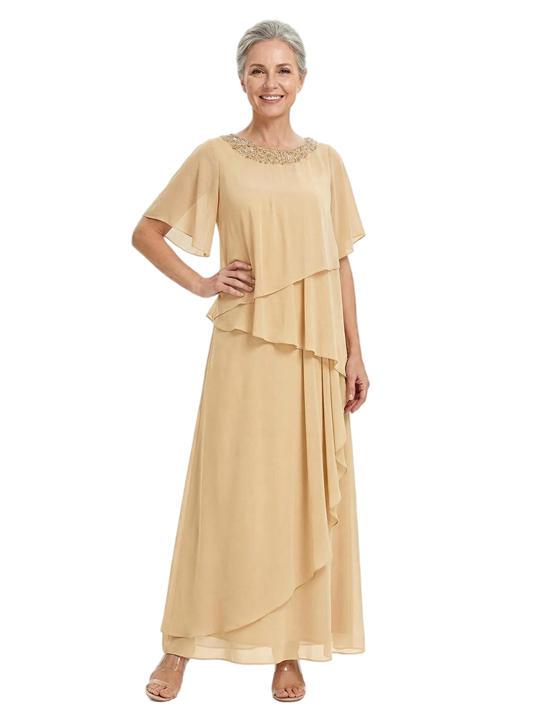 ChicSew Scoop Flutter Sleeve Beaded Neckline Layered Ruffle Long Chiffon Elegant Mother of the Bride Dresses