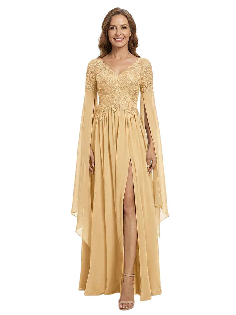 ChicSew V-Neck Cape Sleeve Beaded Lace Long Chiffon Elegant Mother of the Bride Dresses Slit