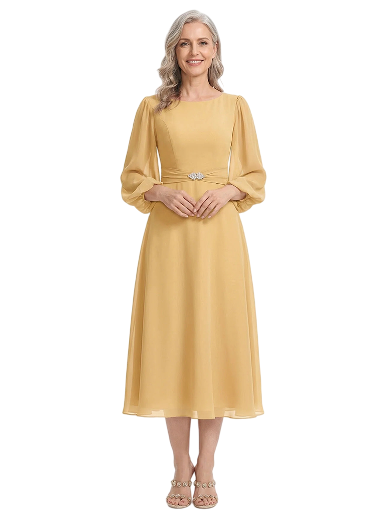 ChicSew Scoop 3/4 Sleeve Rhinestone Waist Tea Length Chiffon Mother Of The Bride And Groom Dresses