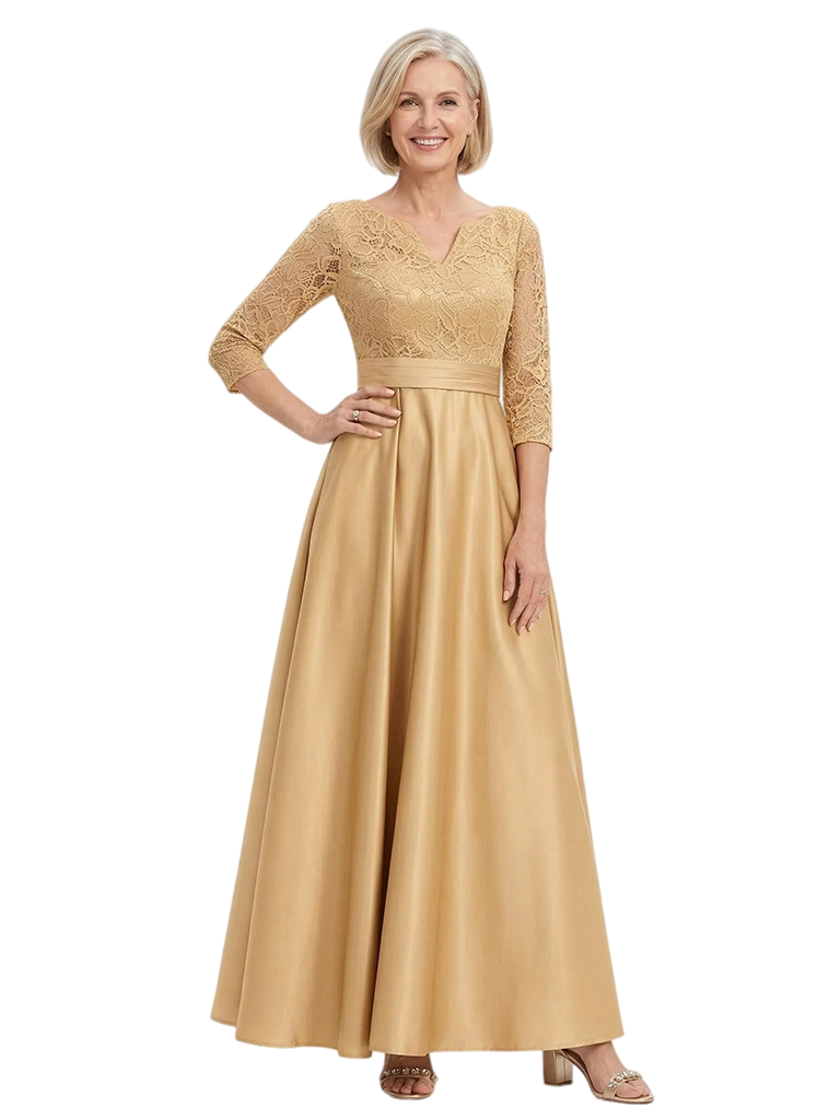 ChicSew V-Neck Long Sleeve Lace Long Satin Trendy Mother Of The Bride And Groom Dresses