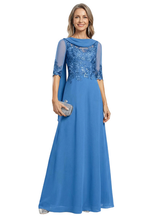 ChicSew Cowl Neck Half Sleeve Lace Applique Beaded Bodice Floor Length Chiffon Elegant Mother of the Bride Dresses