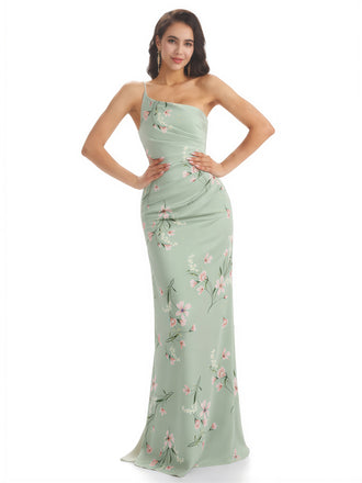Elegant One Shoulder Mermaid Long Satin Floral Formal Dresses For Women