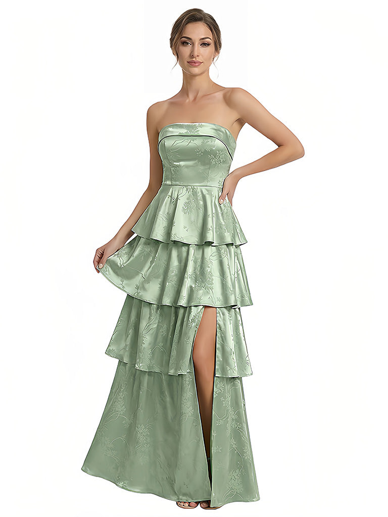 Elegant Jacquard Satin Straight Across A-Line Long Formal Evening Dresses