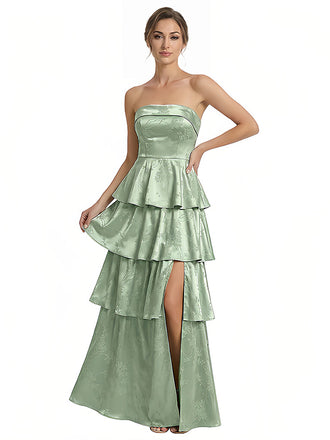 Elegant Jacquard Satin Straight Across A-Line Long Formal Evening Dresses