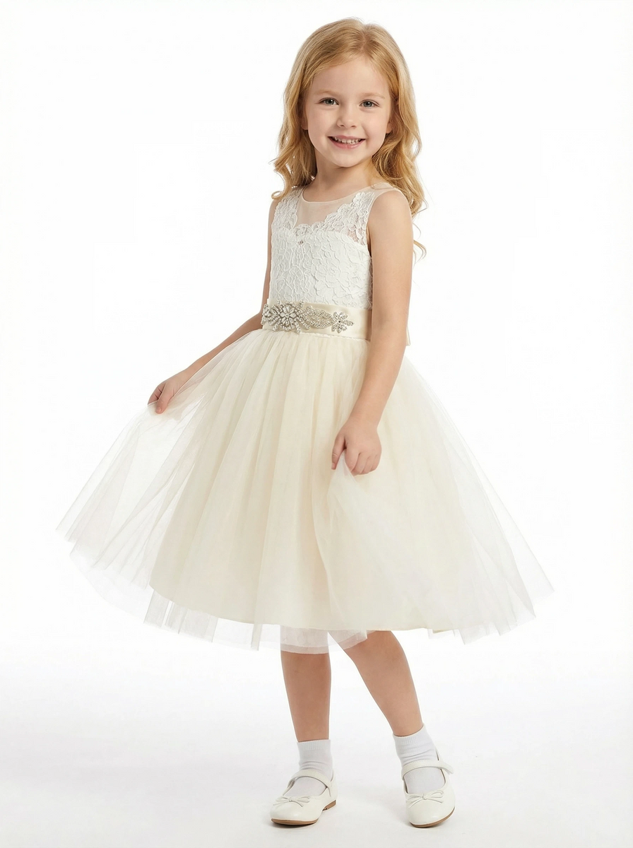 Illusion Lace Flower Girl Dress Sleeveless A-Line Tulle Skirt Tea Length Wedding Dress