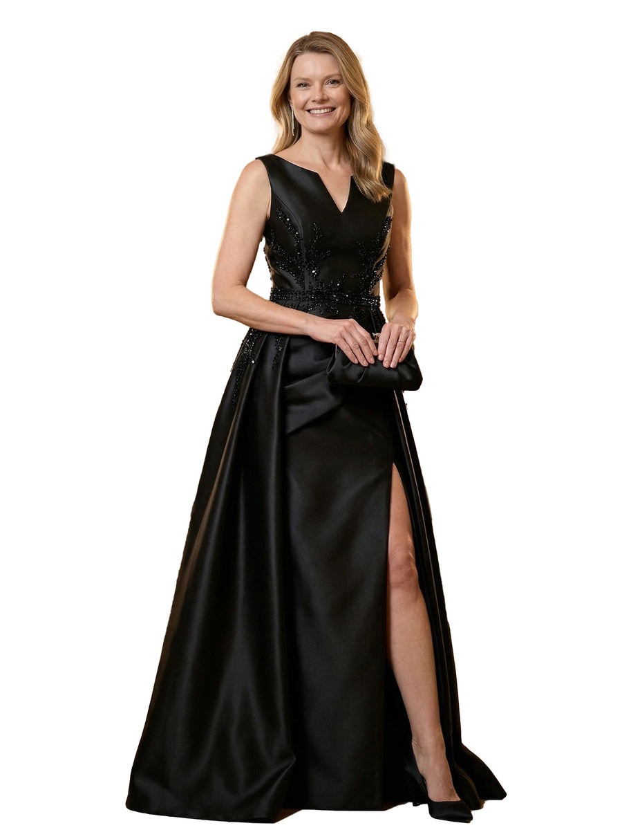 Chicsew V-Neck Sleeveless Beaded A-Line Floor Length Satin Formal Gown Elegant Mother of the Bride Dresses Overskirt