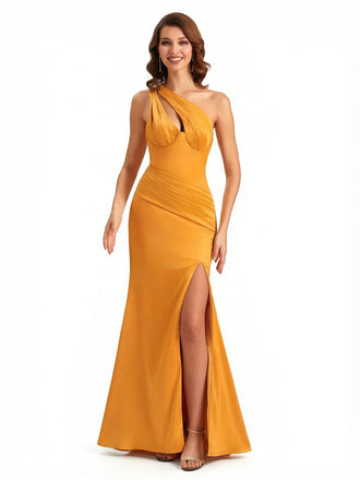 Sexy One Shoulder Silky Satin Mermaid Long Evening Gown Dresses For Women Side Slit