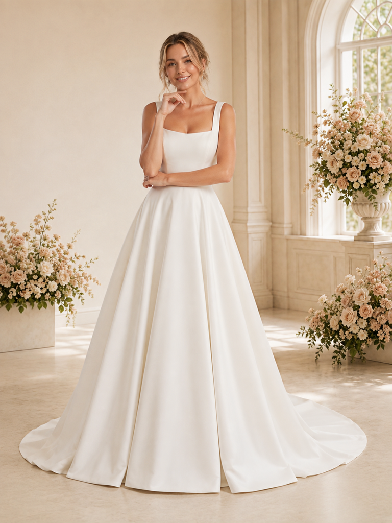 ChicSew Elegant Square Neck A-Line Crepe Floor-Length Wedding Dresses