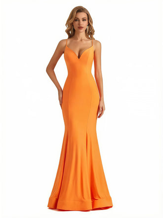 Trendy V-Neck Spaghetti Straps Jersey Mermaid Floor Length Evening Formal Dresses