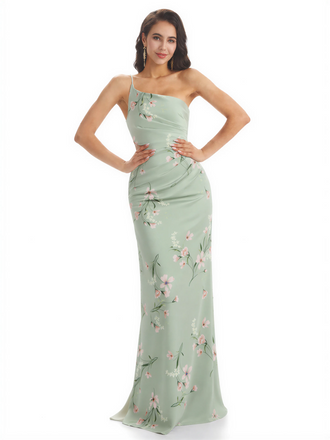Elegant One Shoulder Mermaid Long Satin Floral Formal Dresses For Women Side Slit