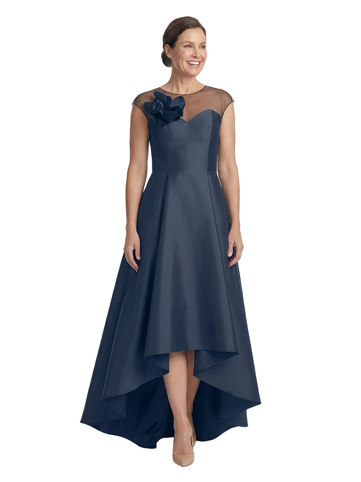 Chicsew Illusion Neckline Cap Sleeve High Low Satin Modern Mother of the Bride Dresses