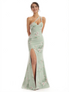 Elegant One Shoulder Mermaid Satin Maxi Floral Formal Dresses For Women Side Slit