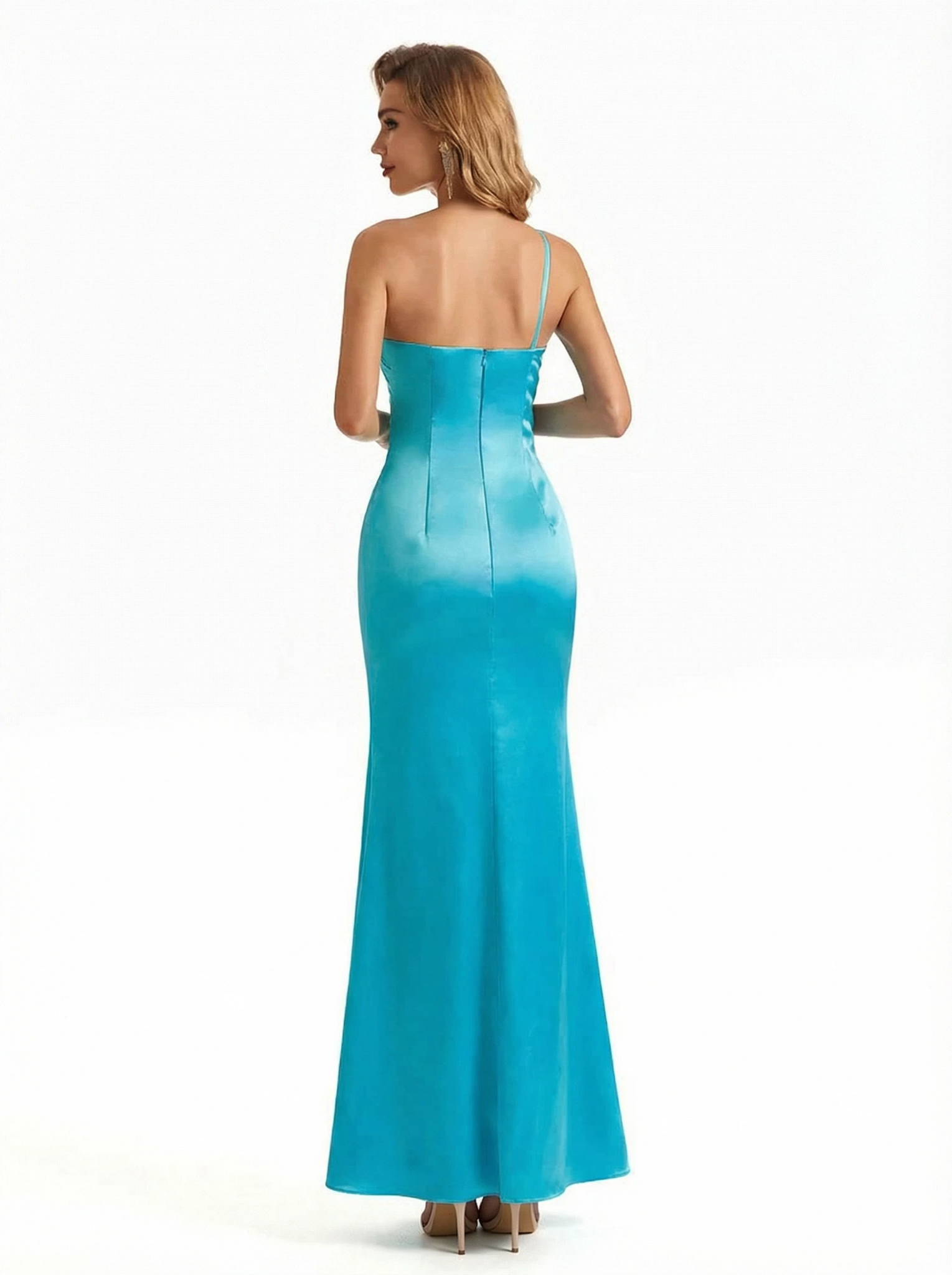 Elegant Asymmetrical One Shoulder Mermaid Soft Satin Long Formal Dresses For Women Side Slit