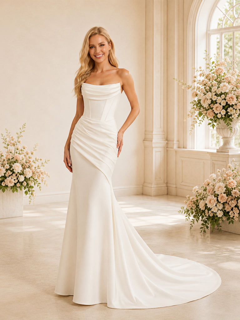 ChicSew Elegant Ruching Strapless Boning Satin Mermaid Wedding Dresses With Train