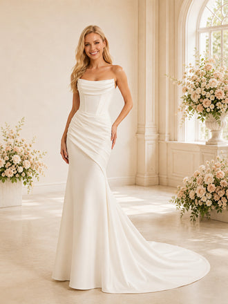 ChicSew Elegant Ruching Strapless Boning Satin Mermaid Wedding Dresses With Train