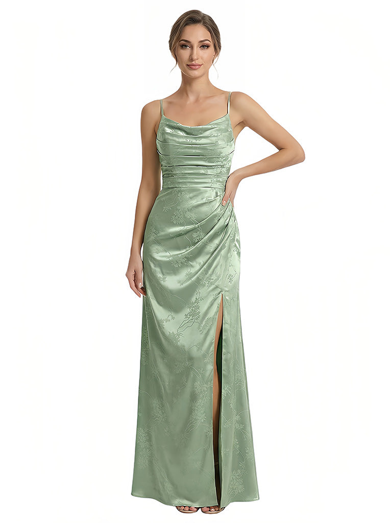 Elegant Jacquard Satin Spaghetti Straps Mermaid Long Formal Evening Dresses