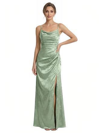 Elegant Jacquard Satin Spaghetti Straps Mermaid Long Formal Evening Dresses