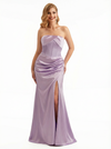 Women's Sexy Strapless Boning Mermaid Ruched Satin Long Formal Dresses Side Slit