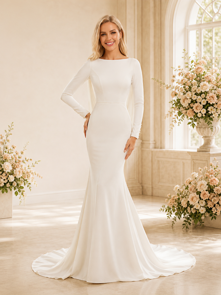 ChicSew Elegant Long Sleeves Mermaid Crepe Wedding Dresses With Cowl Back