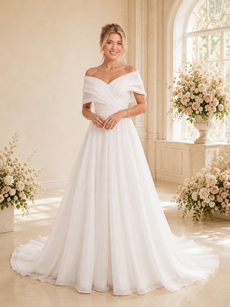 ChicSew Elegant Off The Shoulder Ruching Sleeveless Tulle A-Line Long Wedding Dress