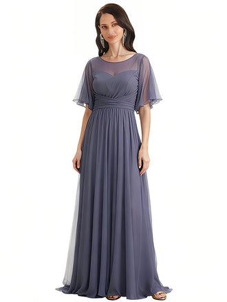 Elegant Flutter Sleeves Jewel A-Line Ruched Chiffon Mother Of The Bride Dress