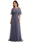 Elegant Flutter Sleeves Jewel A-Line Ruched Chiffon Mother Of The Bride Dress