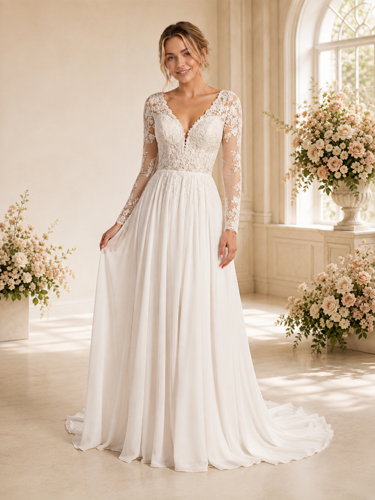 ChicSew Elegant Chiffon A-Line Lace Applique V-Neck Long Sleeves Maxi Wedding Dress