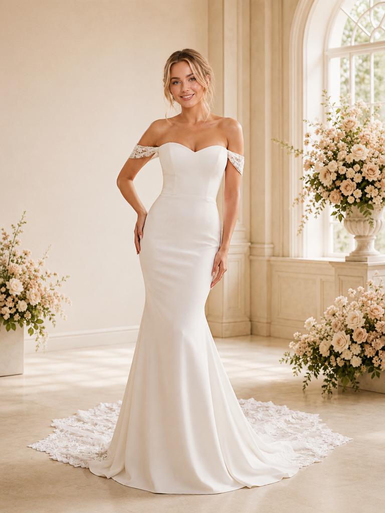 ChicSew Elegant Mermaid Crepe Off The Shoulder Lace Applique Floor-Length Wedding Dress