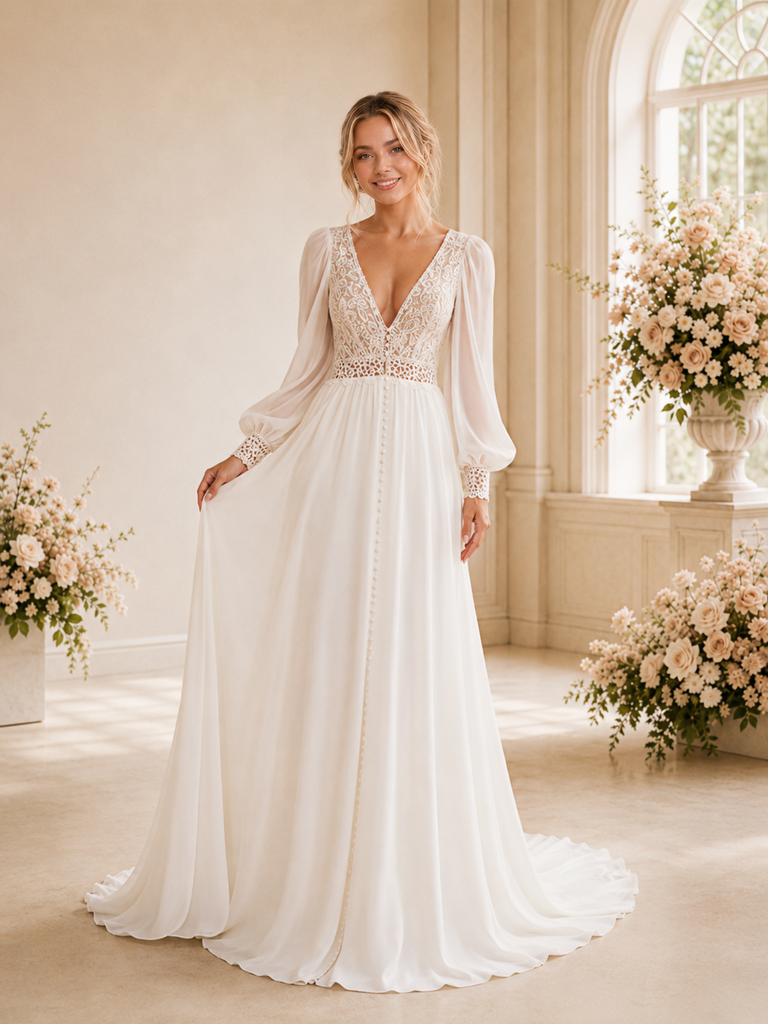 ChicSew Fancy Elegant Chiffon V-Neck Pleated A-Line Long Sleeves Maxi Wedding Dress With Applique