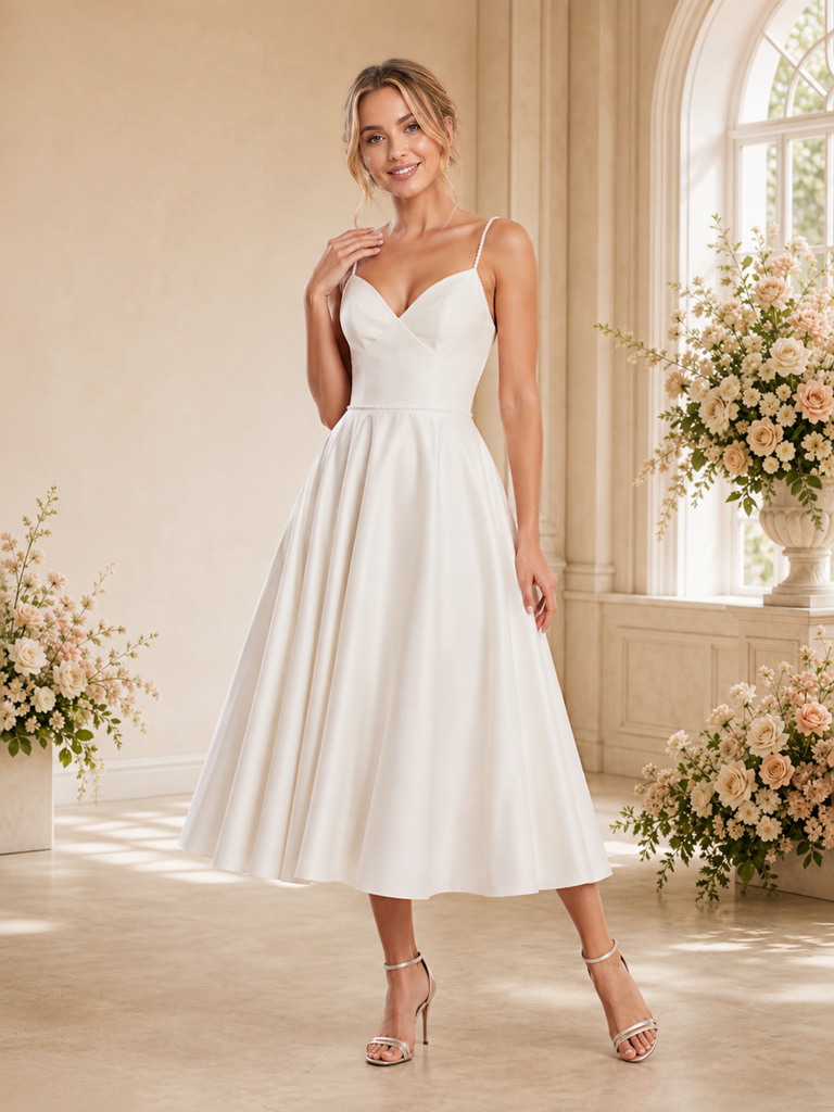 ChicSew Fancy A-Line Spaghetti Straps Satin Tea-Length Wedding Dress