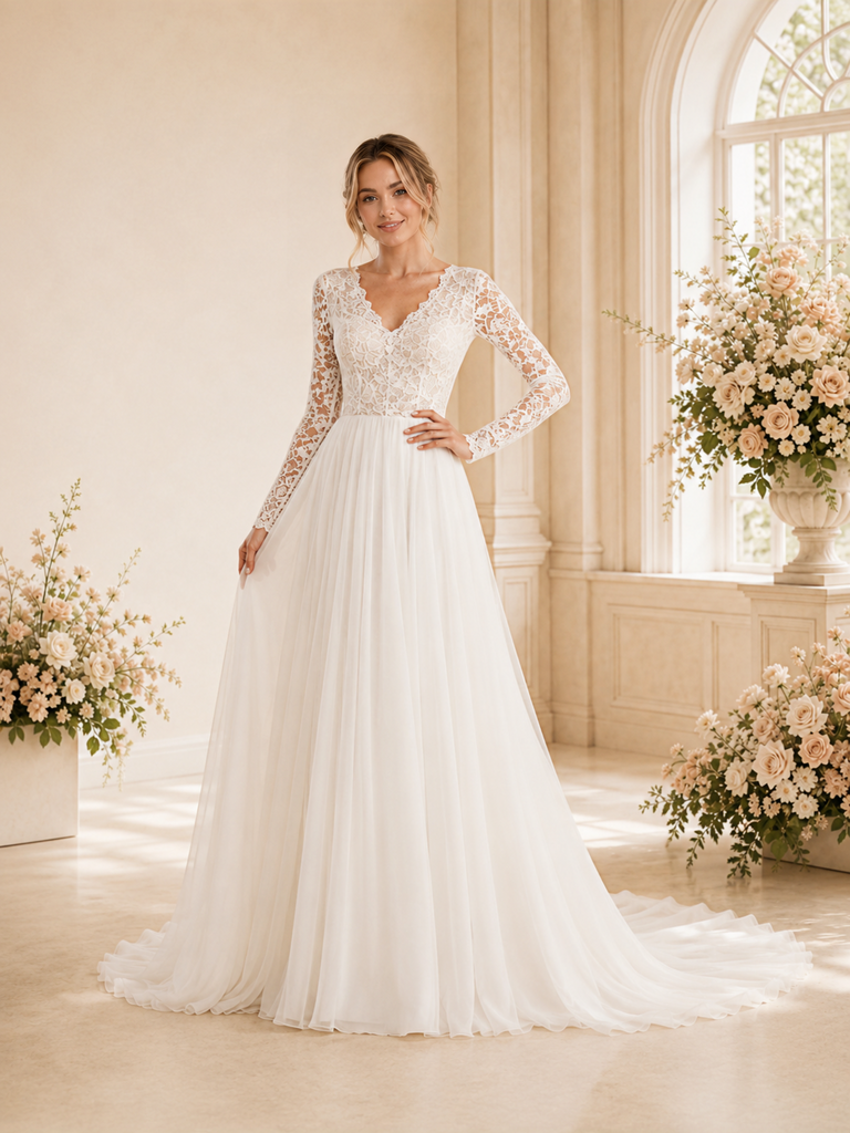 ChicSew Elegant A-Line Lace Applique Chiffon V-Neck Long Sleeves Floor-Length Wedding Dress