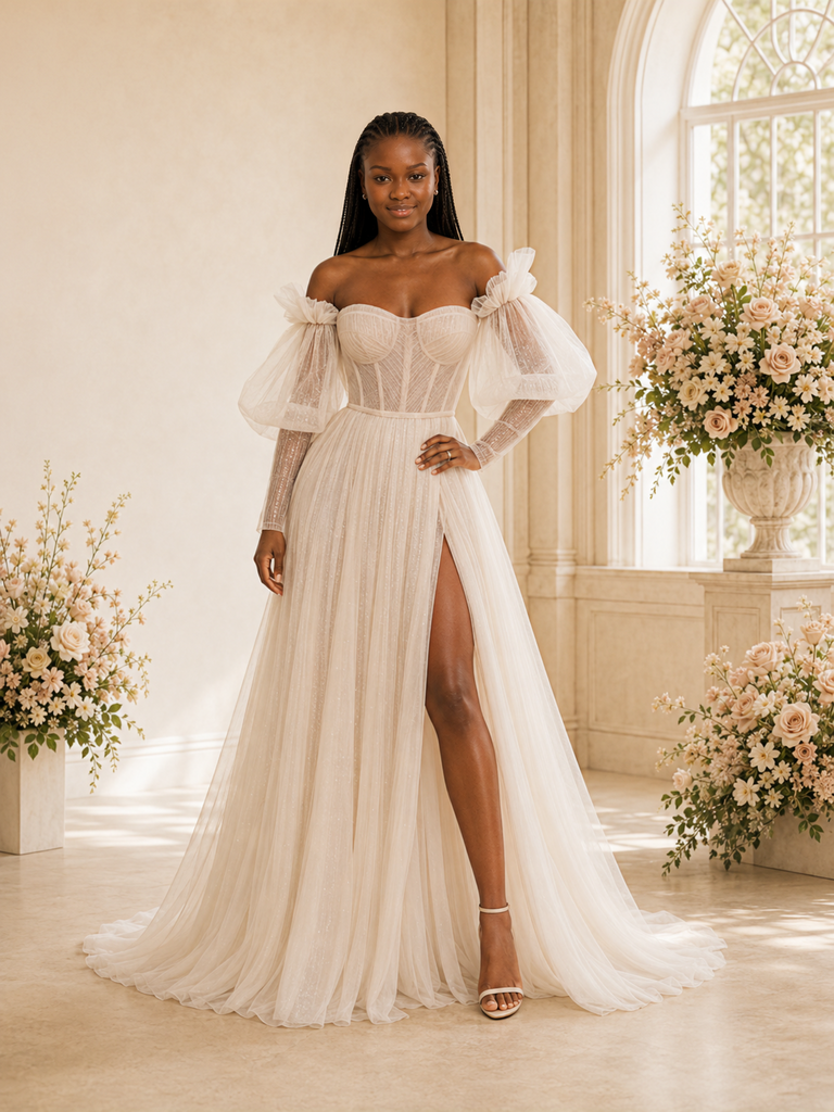 ChicSew Unique Strapless Long Sleeves A-Line Glitter Tulle Maxi Wedding Dress With Boning
