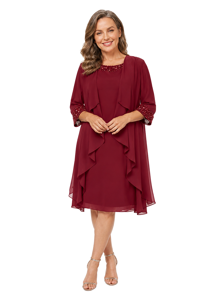 ChicSew Classy Beaded Chiffon Mother Of The Bride Dresses With Jacket Knee Length Two Piece A Line Wedding Guest Dress
