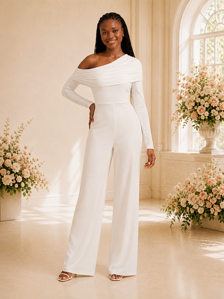 ChicSew Modern Asymmetrical Neck Long Sleeves Crepe Floor-Length Wedding Jumpsuit
