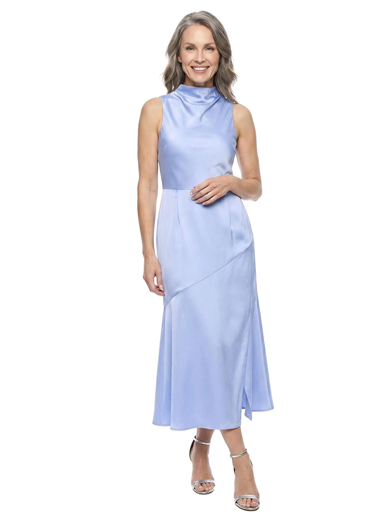 ChicSew High Neck Sleeveless Ruched Satin Tea-Length Mother of the Bride Dress