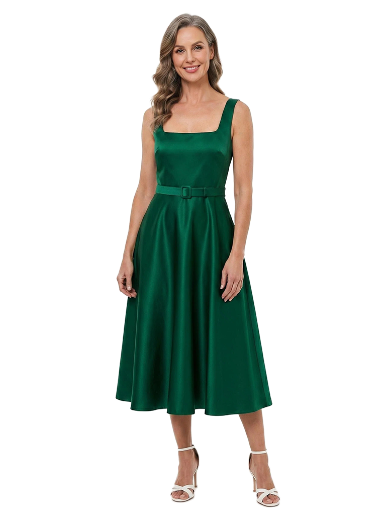 ChicSew Square Sleeveless Belted Satin Midi A-Line Mother of the Bride Dress