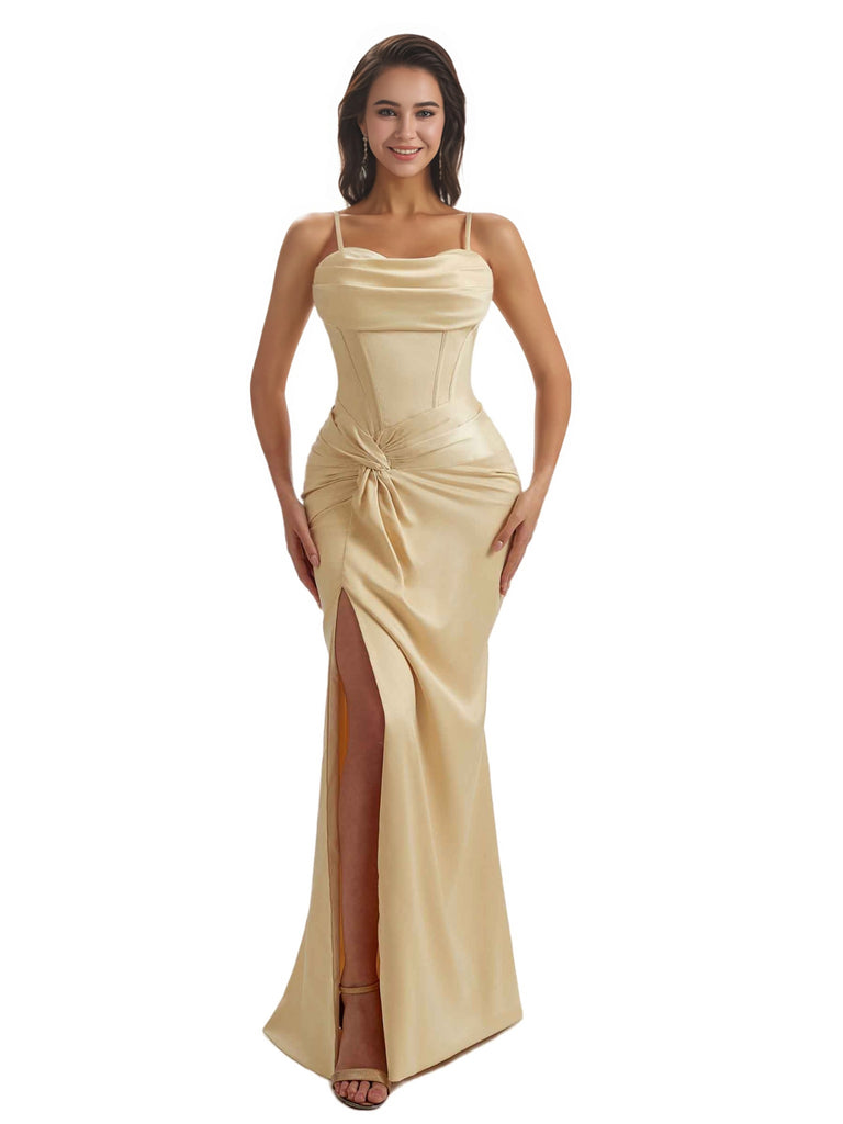 Elegant Mermaid Ruched Silky Satin Long Bridesmaid Dresses Slit Spaghetti Straps