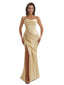 Elegant Mermaid Ruched Silky Satin Long Bridesmaid Dresses Slit Spaghetti Straps