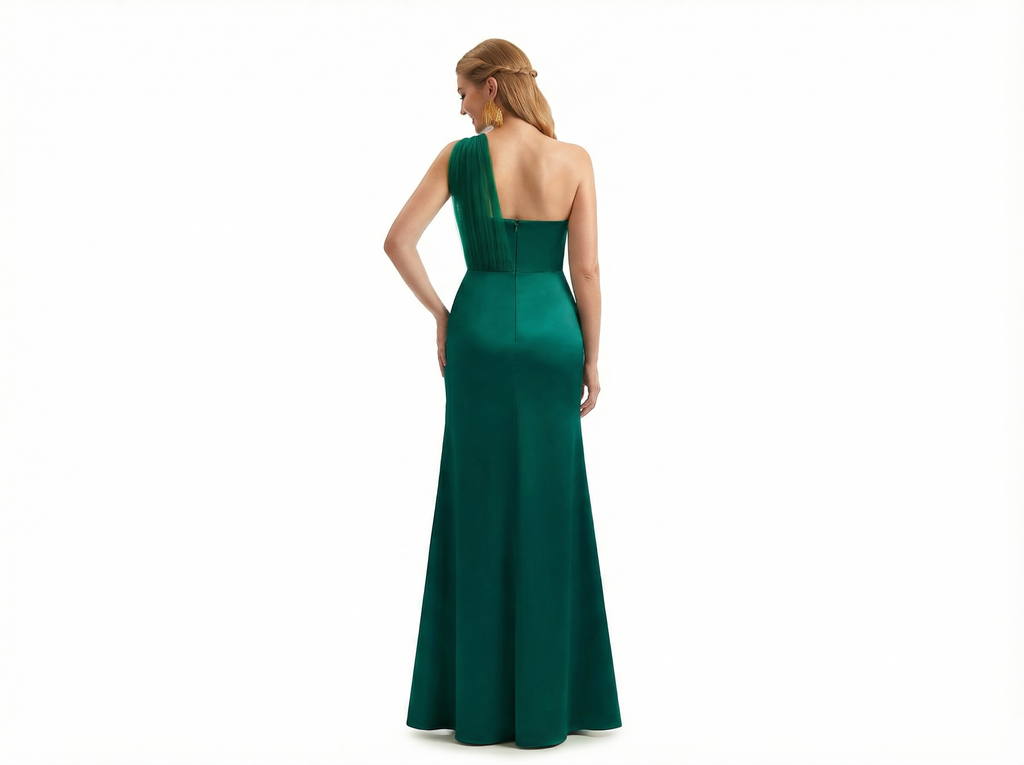 Trendy One Shoulder Mermaid Silky Satin Long Formal Dresses Side Slit