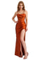 Elegant Silky Satin Side Slit Mermaid Ruched Beauty Long Bridesmaid Dresses Spaghetti Strap