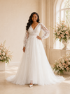 ChicSew Elegant A-Line V-Neck Long Sleeves Tulle Maxi Wedding Dress With Lace Applique