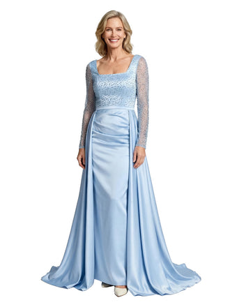 Mother of The Bride Dress Overskirt Square Long Sleeve Beaded Floor-Length Satin Prom Gown