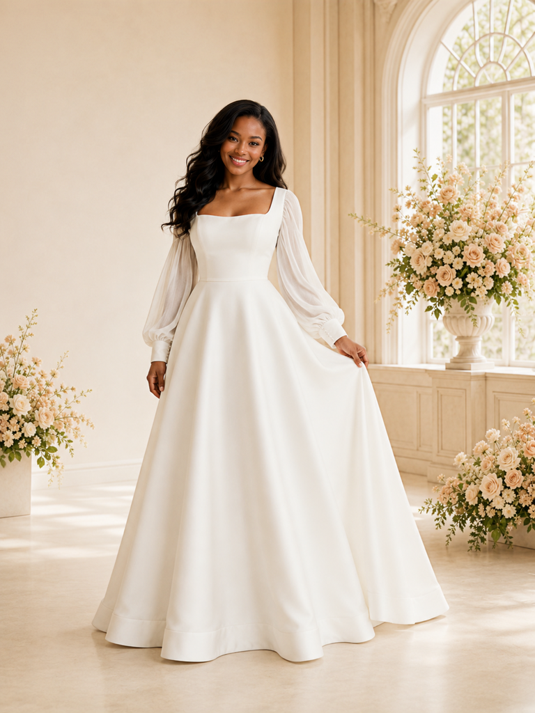ChicSew Elegant Square Neck Long Chiffon Sleeves Crepe A-Line Maxi Wedding Dress