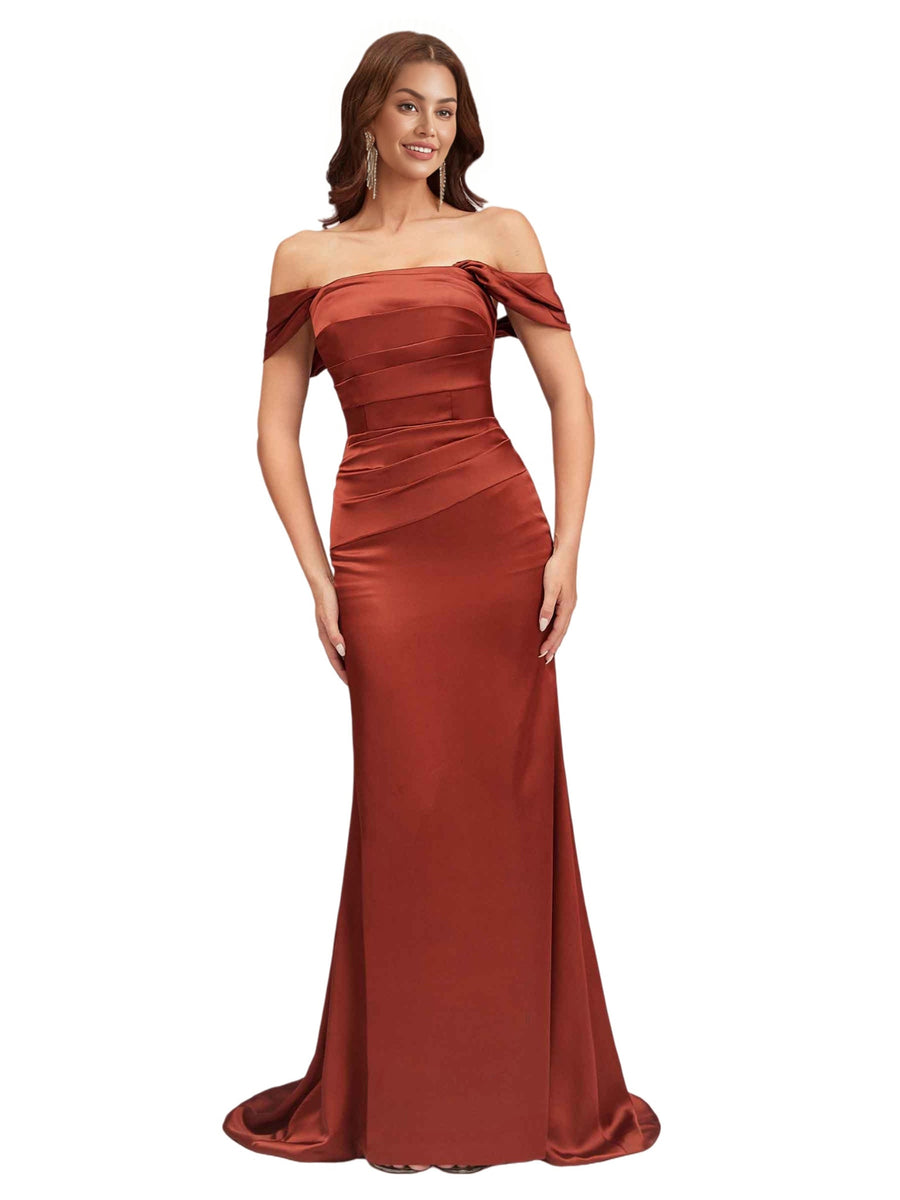 Sexy Off The Shoulder Soft Satin Mermaid Ruched Long Bridesmaid Dresses Online