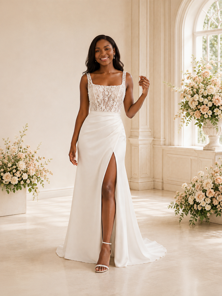 ChicSew Elegant Crepe Square Neck Side Slit Maxi Long Wedding Dress With Applique